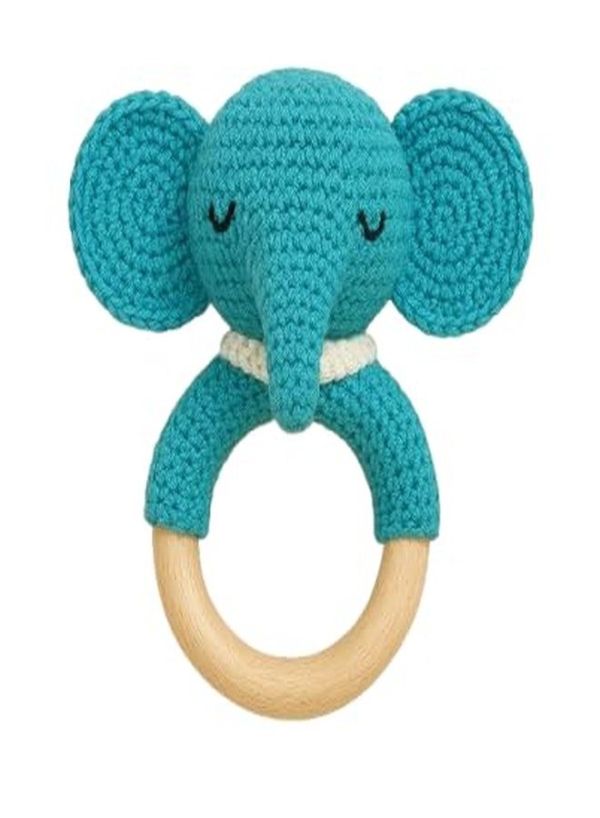 Clapjoy Handmade Crochet Elephant Rattle Teether Toy for Babies | Natural Beechwood Ring | Soft Cotton Yarn | Safe, Non-Toxic & Eco-Friendly Baby Rattle - Image 1