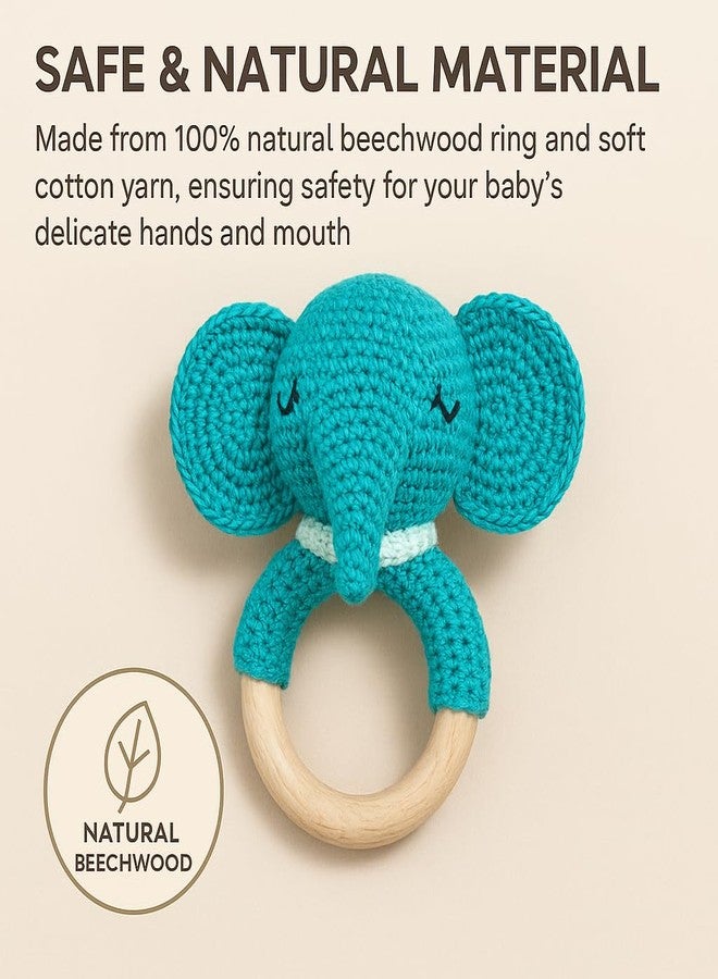 Clapjoy Handmade Crochet Elephant Rattle Teether Toy for Babies | Natural Beechwood Ring | Soft Cotton Yarn | Safe, Non-Toxic & Eco-Friendly Baby Rattle - Image 3