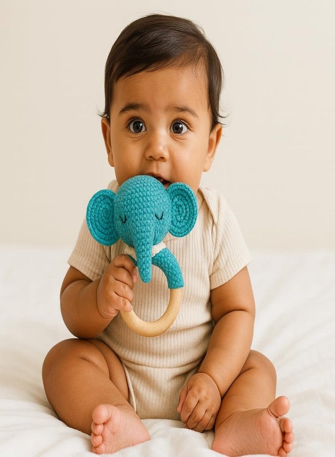 Clapjoy Handmade Crochet Elephant Rattle Teether Toy for Babies | Natural Beechwood Ring | Soft Cotton Yarn | Safe, Non-Toxic & Eco-Friendly Baby Rattle - Image 5