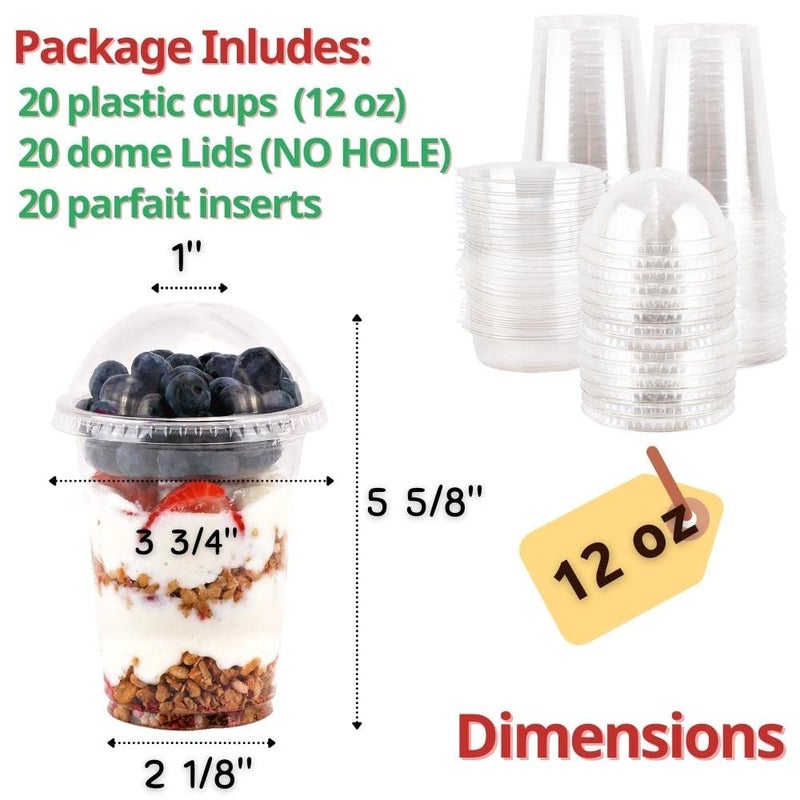 Aatriet 12 oz Clear Plastic Parfait Cups with Insert 3.25oz & Dome Lids No Hole - (20 Sets) Yogurt Fruit Parfait Cups  for Dips and Veggies  Take Away Breakfast and Snacks. No Leaking - Image 2