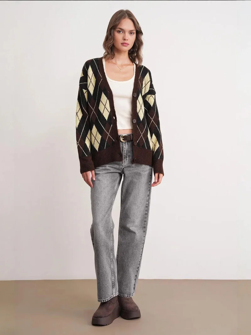 MixRay Mixray Oversize Argyle V-Neck Buttoned Cardigan