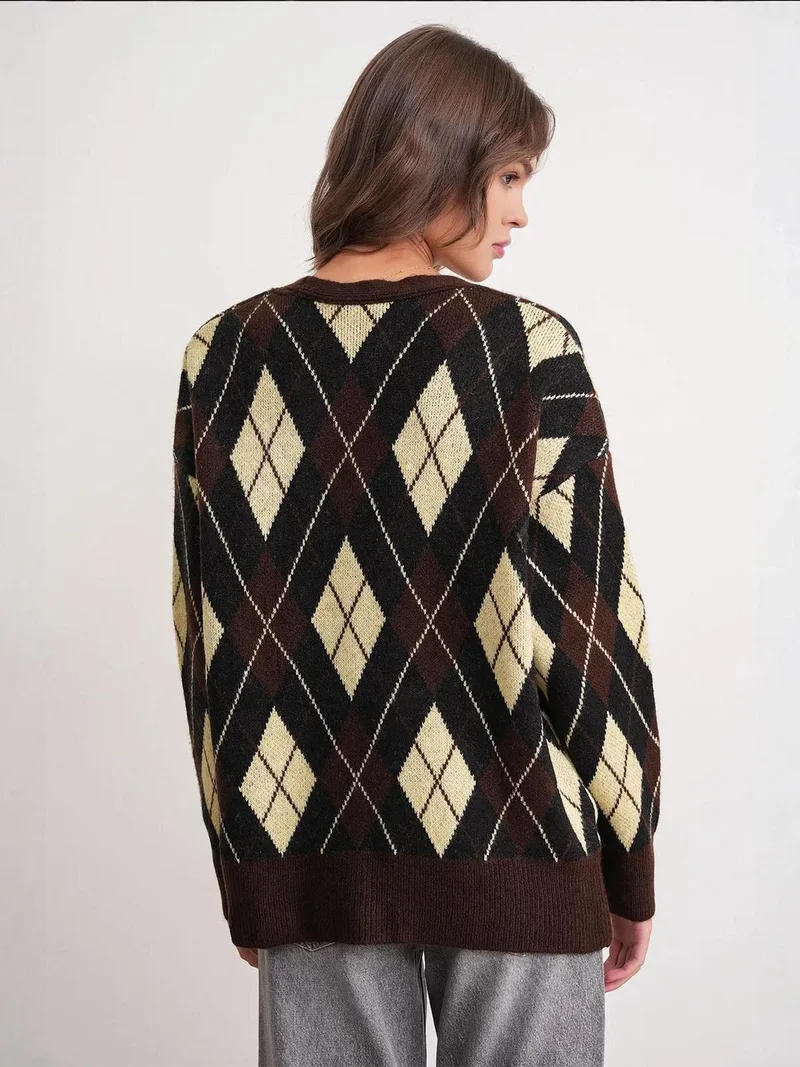 MixRay Coffee Brown Mixray Oversize Argyle V-Neck Buttoned Cardigan for Women | Best Price UAE