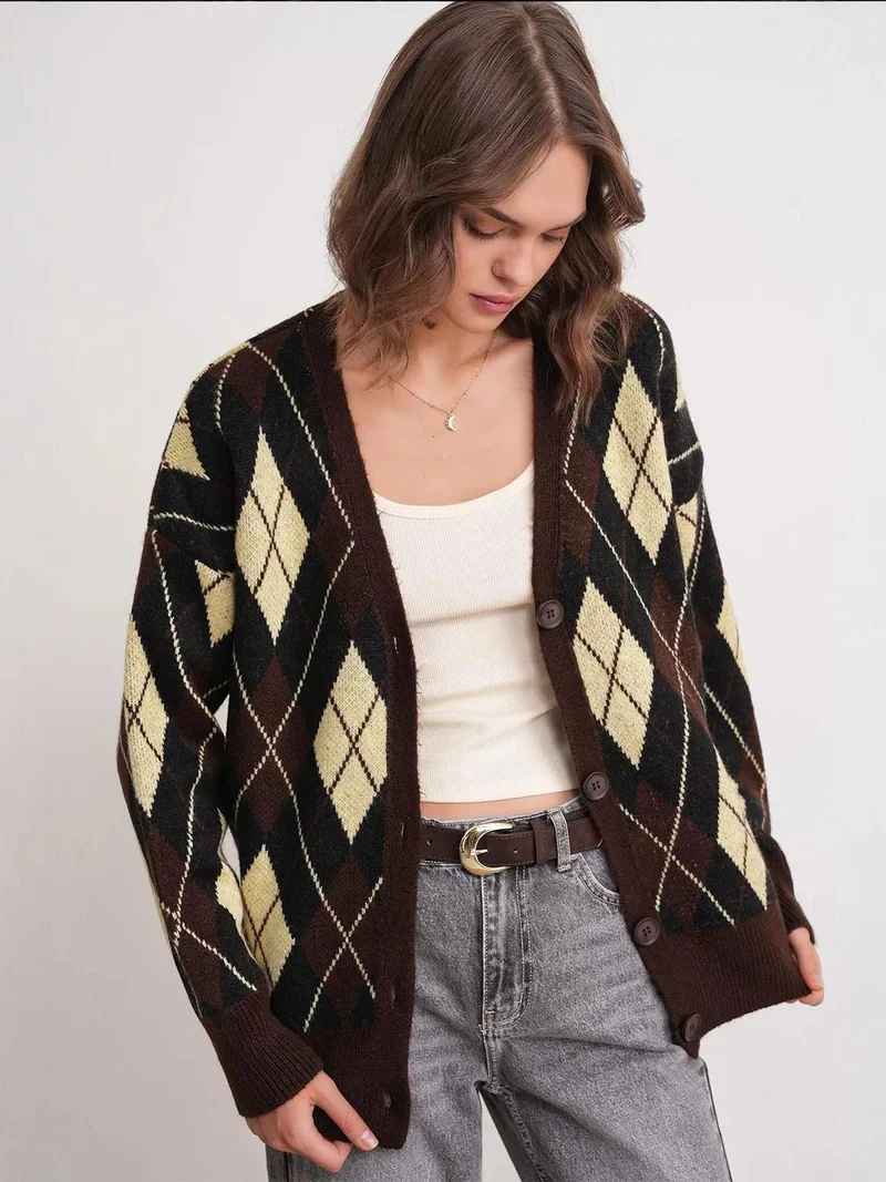 MixRay Coffee Brown Mixray Oversize Argyle V-Neck Buttoned Cardigan for Women | Best Price UAE