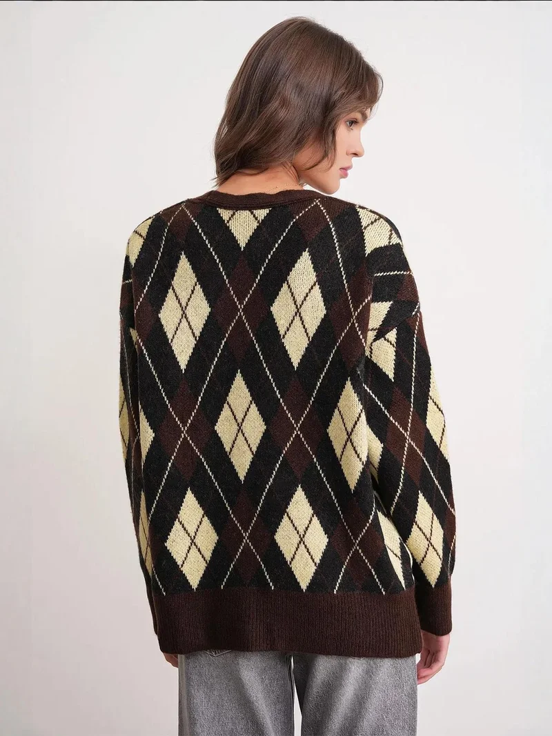 Mixray Coffee Brown Mixray Oversize Argyle V-Neck Buttoned Cardigan for Women | Best Price UAE