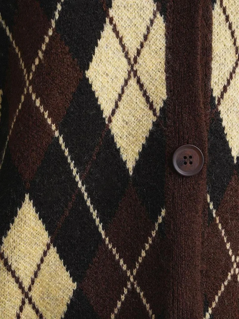 Mixray Coffee Brown Mixray Oversize Argyle V-Neck Buttoned Cardigan for Women | Best Price UAE