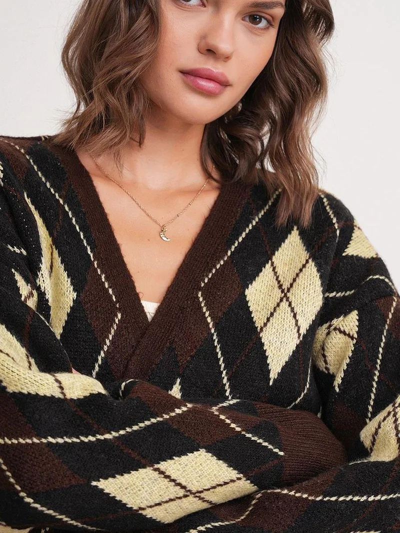 Mixray Coffee Brown Mixray Oversize Argyle V-Neck Buttoned Cardigan for Women | Best Price UAE