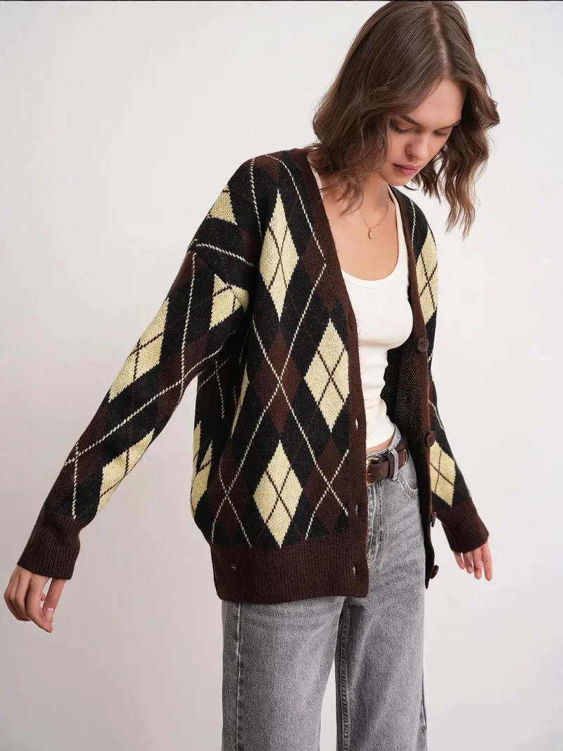 Mixray Coffee Brown Mixray Oversize Argyle V-Neck Buttoned Cardigan for Women | Best Price UAE
