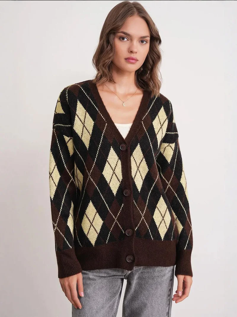 Mixray Coffee Brown Mixray Oversize Argyle V-Neck Buttoned Cardigan for Women | Best Price UAE