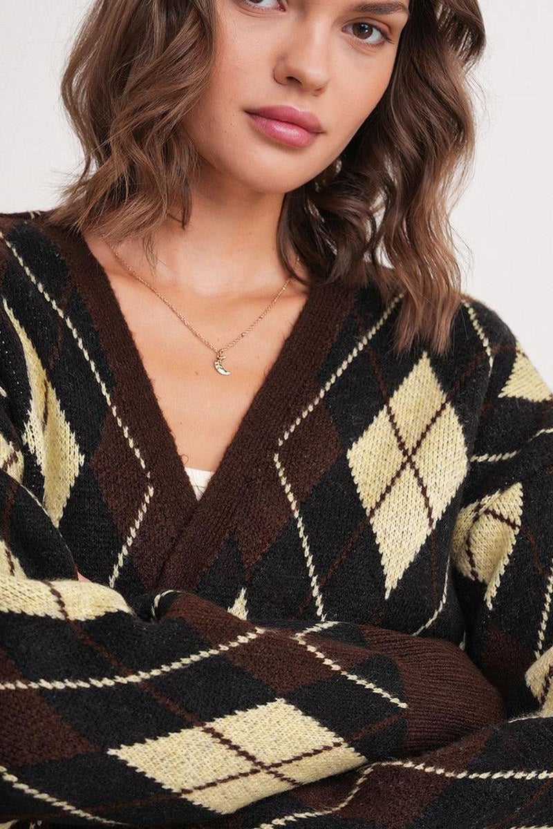 Mixray Oversize Argyle V-Neck Buttoned Cardigan - Image 3