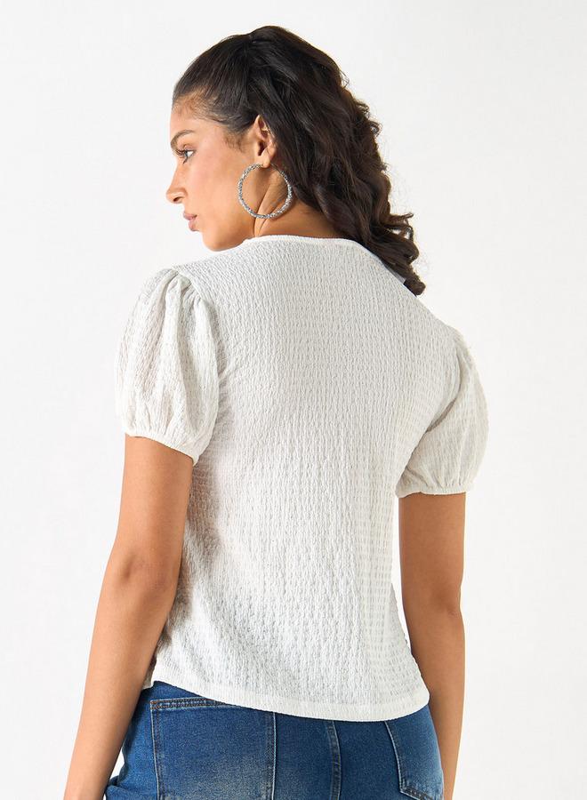 تواكستريمز بلوزة بارزة الملمس وياقة برباط وأكمام قصيرة من تو إكستريمز - Image 3