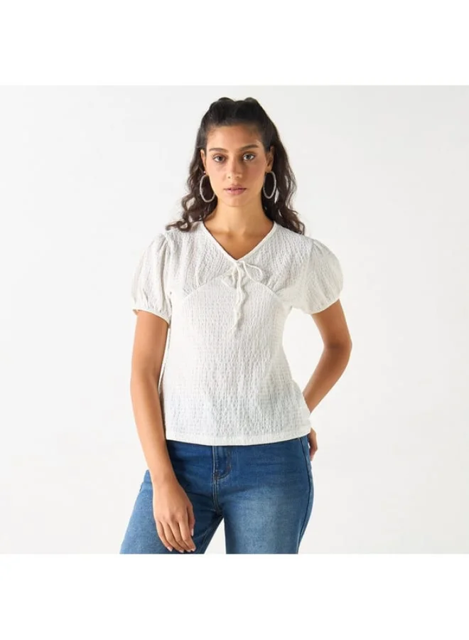 2Xtremz 2Xtremz Textured Top with Tie-Up Neck and Short Sleeves