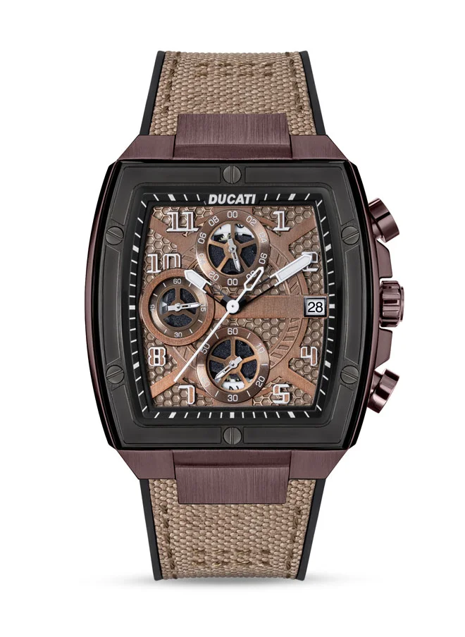 Ducati Ducati DT088 Gents Chronograph Watch – Gun Dial, Coffee Screw-Detail Case, Multi-Layered Design, Leather Strap with Silicone Base, Water Resistant 50M
