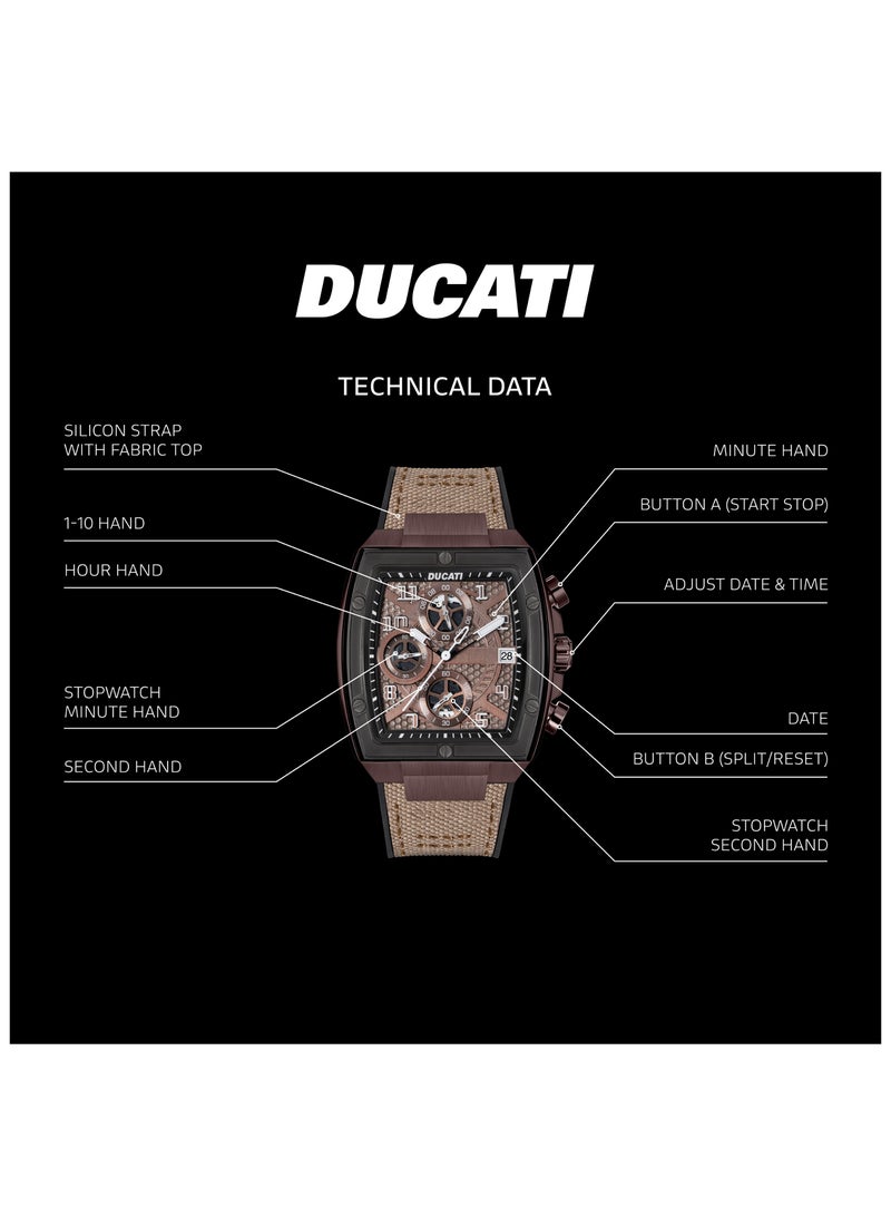 Ducati DT088 Gents Chronograph Watch – Gun Dial, Coffee Screw-Detail Case, Multi-Layered Design, Leather Strap with Silicone Base, Water Resistant 50M - Image 4