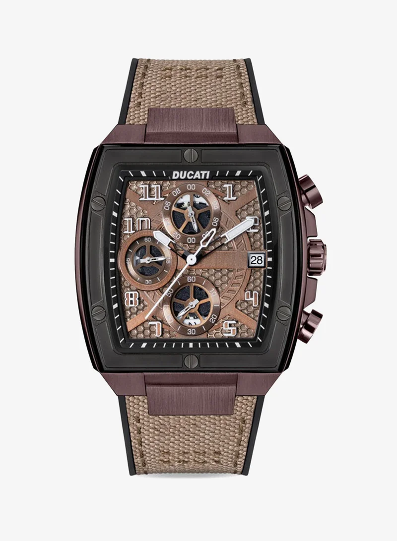Ducati Ducati DT088 Gents Chronograph Watch – Gun Dial, Coffee Screw-Detail Case, Multi-Layered Design, Leather Strap with Silicone Base, Water Resistant 50M