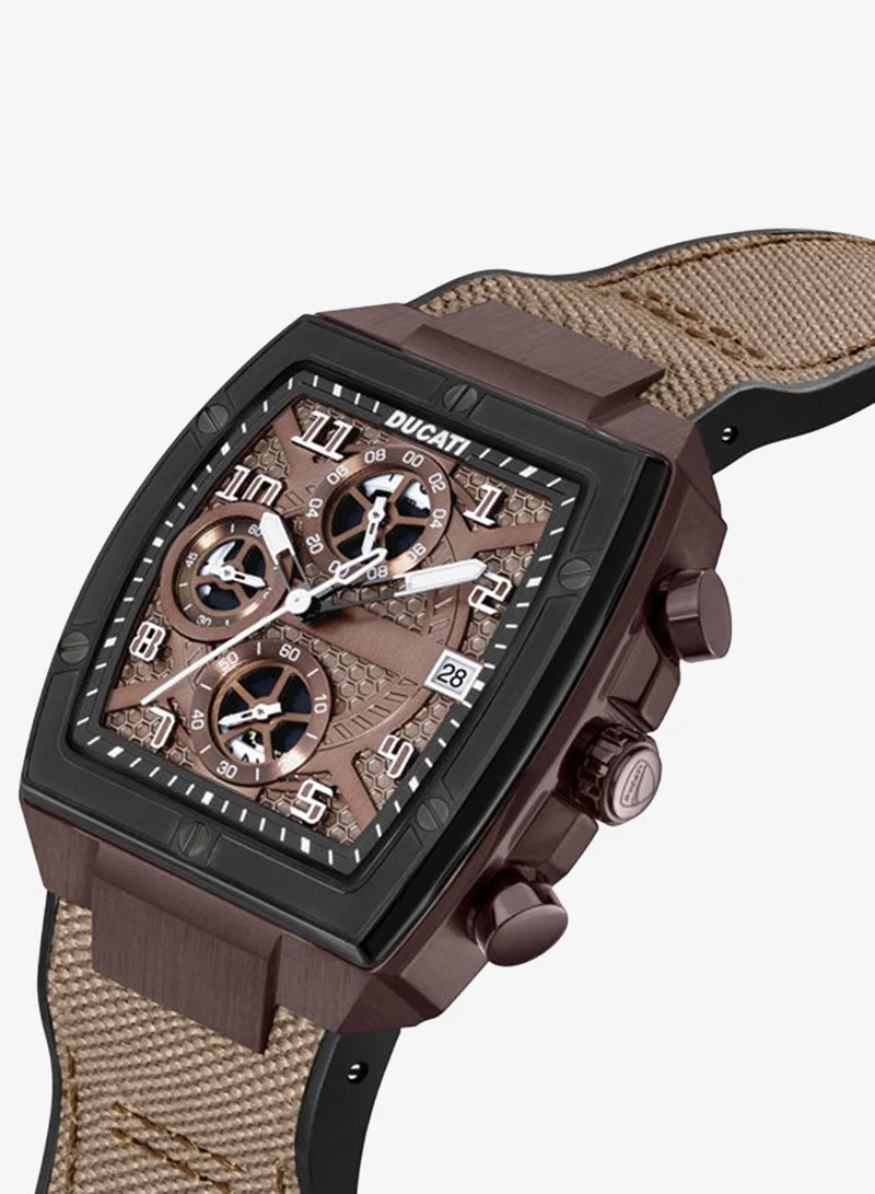 Ducati Ducati DT088 Gents Chronograph Watch – Gun Dial, Coffee Screw-Detail Case, Multi-Layered Design, Leather Strap with Silicone Base, Water Resistant 50M