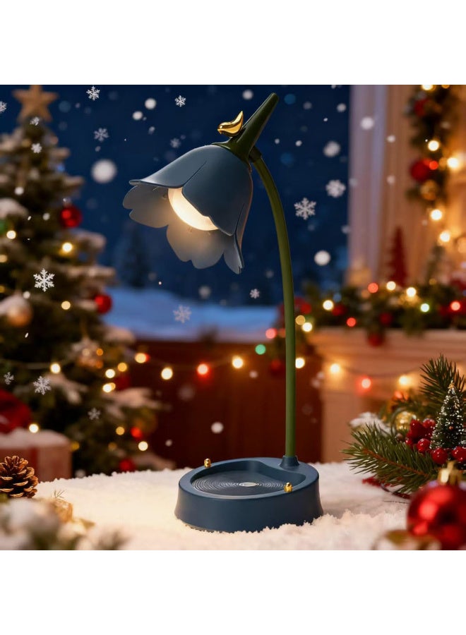 مصباح مكتب JD LED لاسلكي قابل للتعتيم وإعادة الشحن مع عنق مرن قابل للتعديل، تصميم زهرة زرقاء لحماية العين للقراءة لغرفة النوم والسكن الجامعي - Image 4