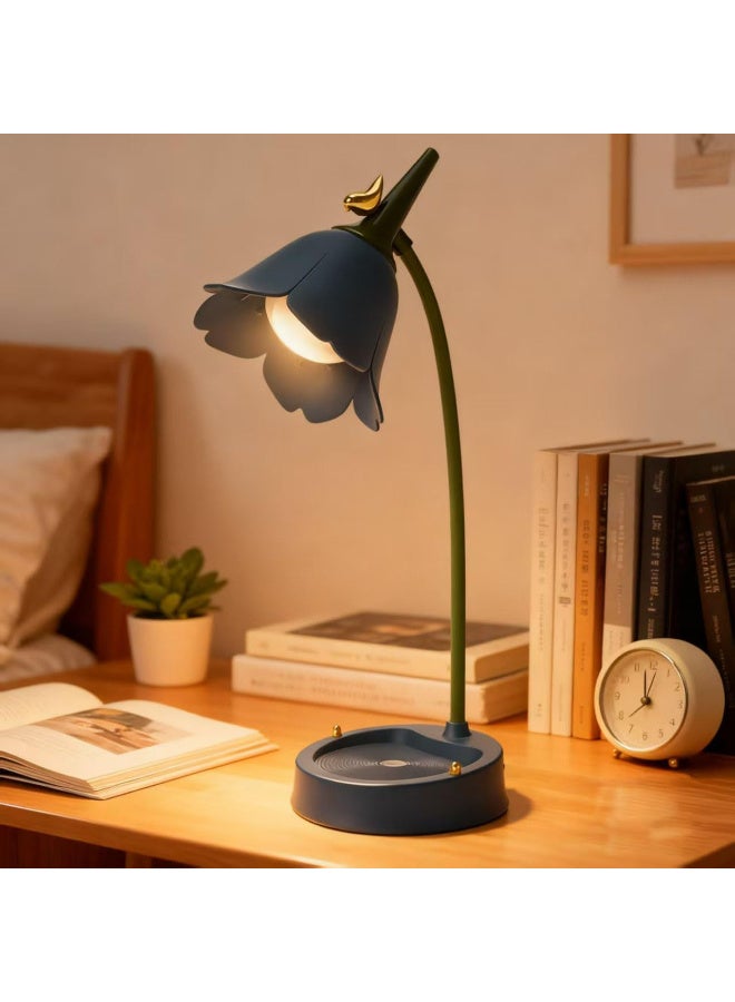 مصباح مكتب JD LED لاسلكي قابل للتعتيم وإعادة الشحن مع عنق مرن قابل للتعديل، تصميم زهرة زرقاء لحماية العين للقراءة لغرفة النوم والسكن الجامعي - Image 2