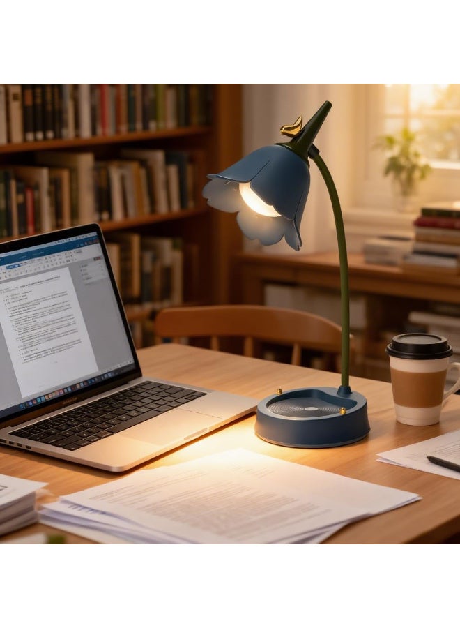 مصباح مكتب JD LED لاسلكي قابل للتعتيم وإعادة الشحن مع عنق مرن قابل للتعديل، تصميم زهرة زرقاء لحماية العين للقراءة لغرفة النوم والسكن الجامعي - Image 1