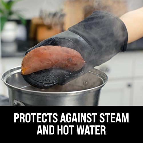 HOMWE BPA-Free Silicone Oven Mitts Ultra Heat Resistant up to 500°F - Oven Mitts with Thick Cotton Liner - Long Slip Resistant Pot Holders, Flexible Oven Gloves - Black 13.7" - Image 2