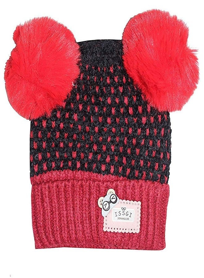 FINIX قبعة دائرية ناعمة ودافئة للأطفال من فينيكس مزينة بنقاط مع بوم بوم مزدوج، (أحمر) - (الحجم - 1 سنة - 3 سنوات) - Image 1