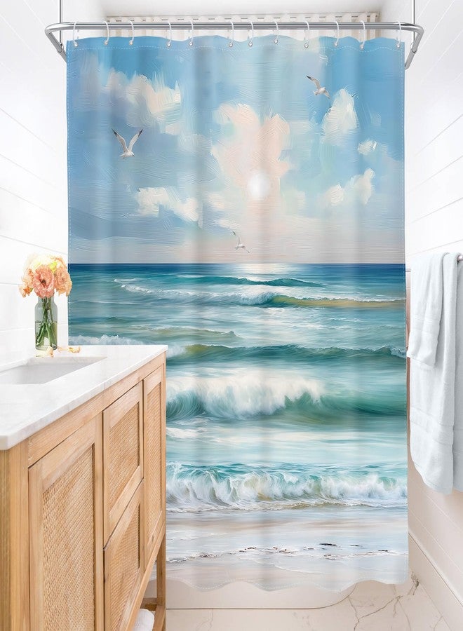 AMBZEK Teal Beach Ocean Shower Curtain 60Wx72L Inch Abstract Blue Oil Painting Sea Wave Nature Seagull Landscape Summer Hawaii Scenery Fabric Waterproof Polyester Bathroom Decor Set with 12 Pack Hook - Image 4