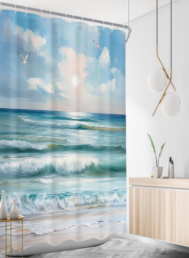 AMBZEK Teal Beach Ocean Shower Curtain 60Wx72L Inch Abstract Blue Oil Painting Sea Wave Nature Seagull Landscape Summer Hawaii Scenery Fabric Waterproof Polyester Bathroom Decor Set with 12 Pack Hook - Image 3