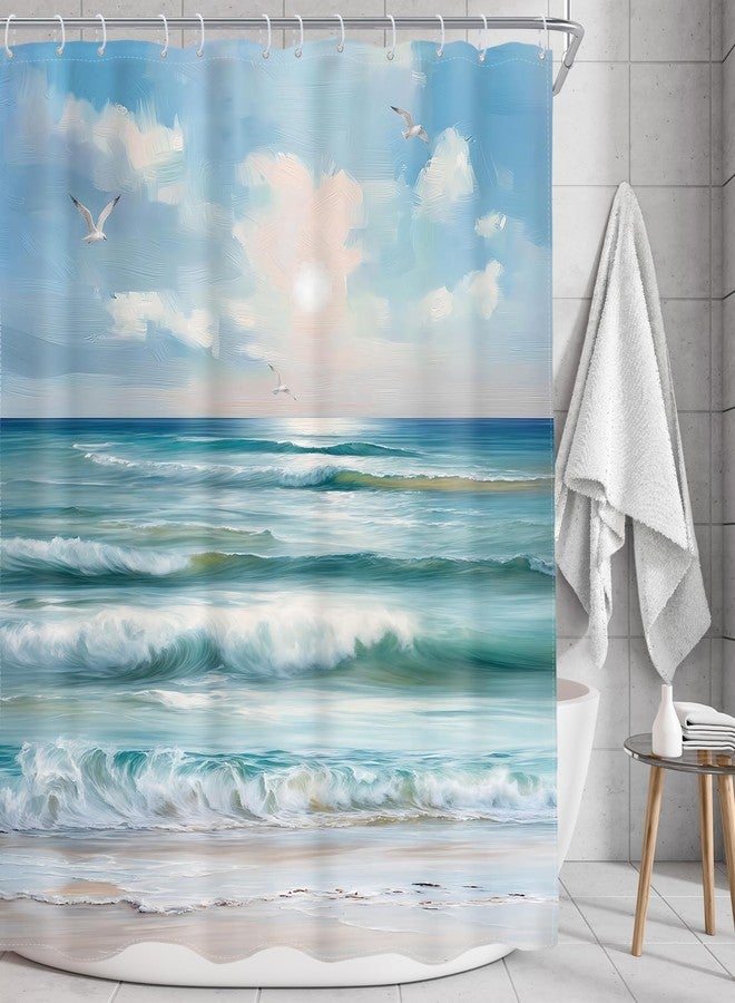 AMBZEK Teal Beach Ocean Shower Curtain 60Wx72L Inch Abstract Blue Oil Painting Sea Wave Nature Seagull Landscape Summer Hawaii Scenery Fabric Waterproof Polyester Bathroom Decor Set with 12 Pack Hook - Image 2