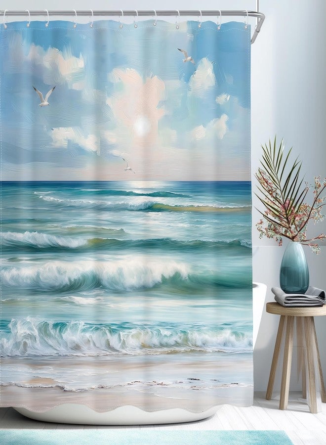AMBZEK Teal Beach Ocean Shower Curtain 60Wx72L Inch Abstract Blue Oil Painting Sea Wave Nature Seagull Landscape Summer Hawaii Scenery Fabric Waterproof Polyester Bathroom Decor Set with 12 Pack Hook - Image 1