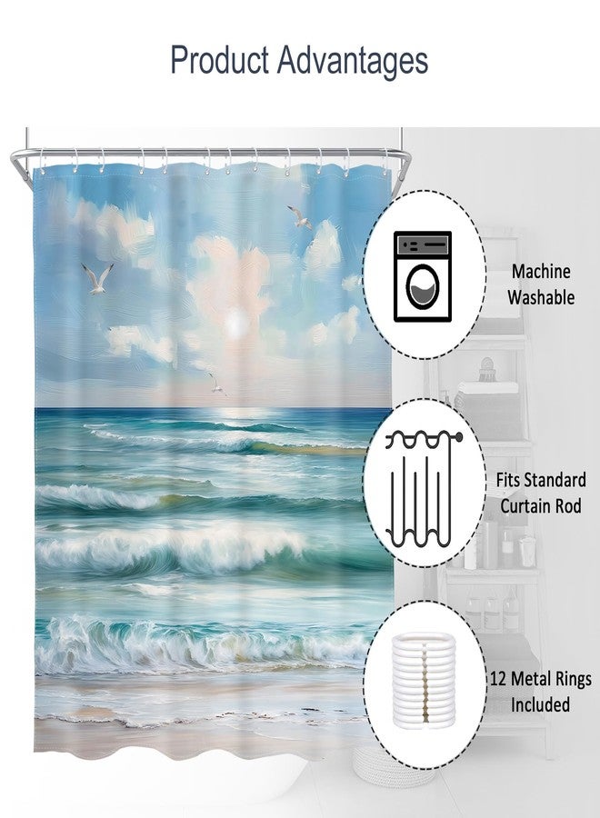 AMBZEK Teal Beach Ocean Shower Curtain 60Wx72L Inch Abstract Blue Oil Painting Sea Wave Nature Seagull Landscape Summer Hawaii Scenery Fabric Waterproof Polyester Bathroom Decor Set with 12 Pack Hook - Image 5