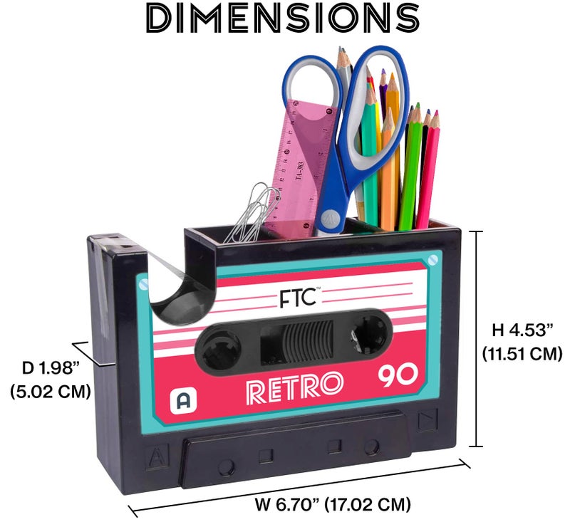 FTC 80's Cassette Tape Dispenser & Pen Supply Holder - Funny Supplies & Desk Accessories for Home, School, Office for Men & Women - 6.70'' x 1.98'' x 4.53'' (Retro) - Image 3