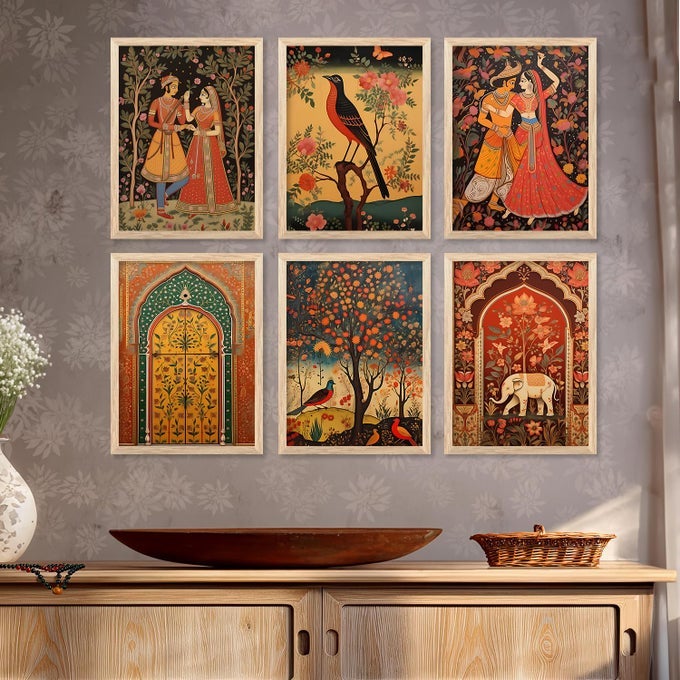 MADHUBANI ART WALL PAINTING TRADITIONAL HOME DECORATION WITH FRAME FOR LIVING ROOM BED ROOM HOTEL WALL DECOR DIGITAL REPRINT ENGINEERED WOOD SET OF 6 M