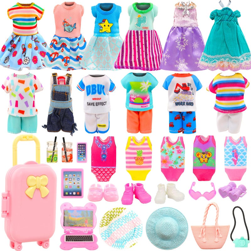 ENOCHT 25 Pcs 5.3 Inch Doll Clothes Suitcase Accessories 4 Dresses 3 Tops and Pant Outfits 3 Swimsuits 1 Luggage 3 Shoes 11 Travel Accessories Glasses for 5.3 Inch Dolls(Doll NOT Include) - Image 1