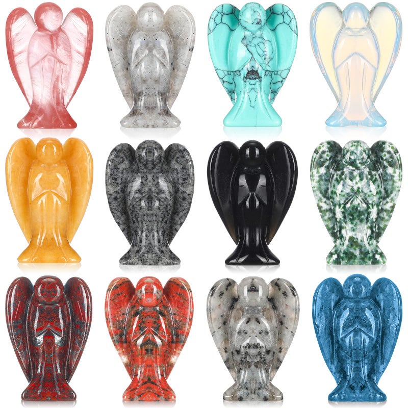 Nuenen 12 Pieces Crystal Angel Figurines Bulk Guardian 15 Inch Angel Statue Stones Gemstones Crystals Carved Stones for Easter Decor Gifts Home Witchcraft SuppliesClassic Color