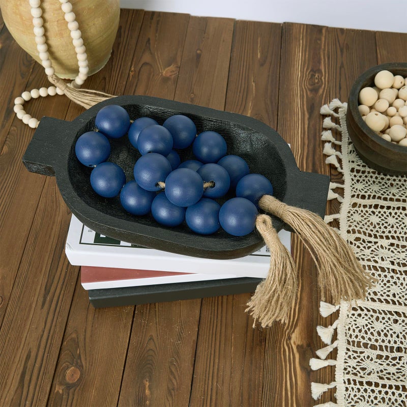 OMISHE خيط خرز خشبي كبير جداً من أوميش باللون الأزرق الداكن مع خرز خشبي بقطر 1.6" وشرابات، بطول 41"، خرز زينة ريفي لمنزل الديكور الخشبي، أزرق داكن - Image 3