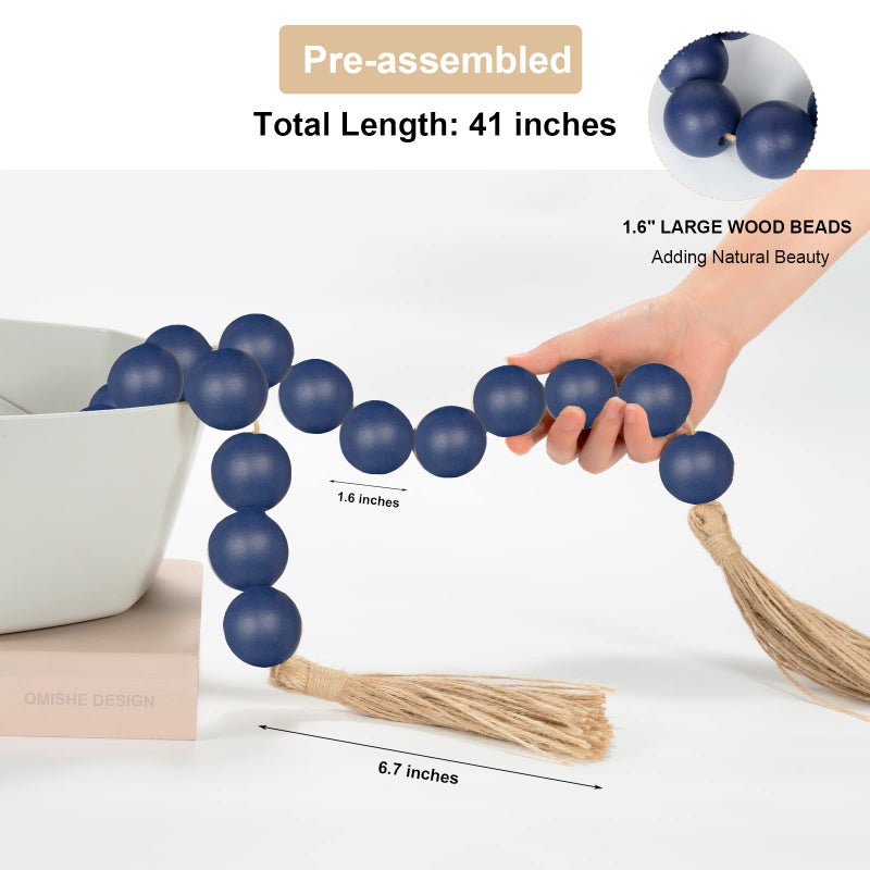 OMISHE خيط خرز خشبي كبير جداً من أوميش باللون الأزرق الداكن مع خرز خشبي بقطر 1.6" وشرابات، بطول 41"، خرز زينة ريفي لمنزل الديكور الخشبي، أزرق داكن - Image 4