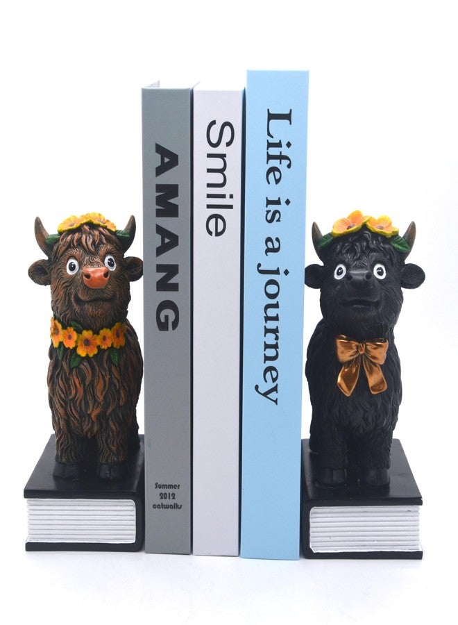 MONMOB Highland Cow Bookends Highland Cow Statues Bookends for Heavy Books with Anti-Slip Base Book Holders for Home Office Decor Decorative Bookends for Shelves - Image 1