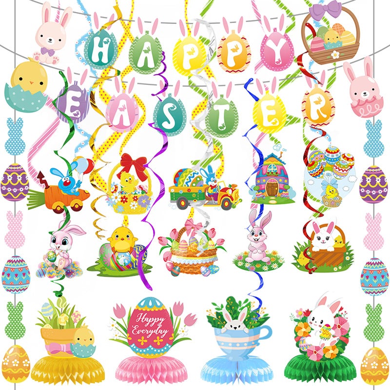 Gusgrop Easter Decorations for Home Decor - 47Pcs Danner Kit, Happy Easter Banners with 3D Bunny Backdrop for Photography Birth Party Favors for Class Office Ceiling Decor Yard Garden Outdoor - Image 1