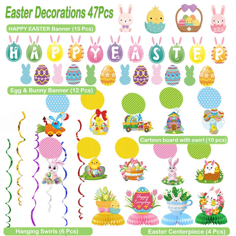 Gusgrop Easter Decorations for Home Decor - 47Pcs Danner Kit, Happy Easter Banners with 3D Bunny Backdrop for Photography Birth Party Favors for Class Office Ceiling Decor Yard Garden Outdoor - Image 2