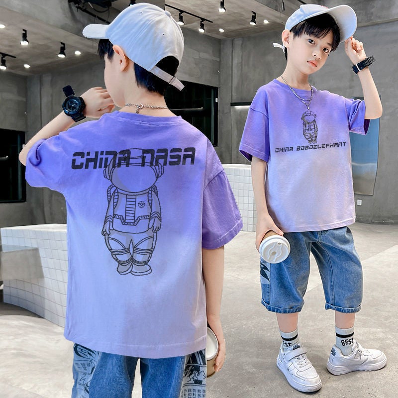 Boys' Summer Short-Sleeved Western-Style Big Kids Fried Street Korean-Style Gradient Summer Children'S T-Shirt Top Trendy - Image 3