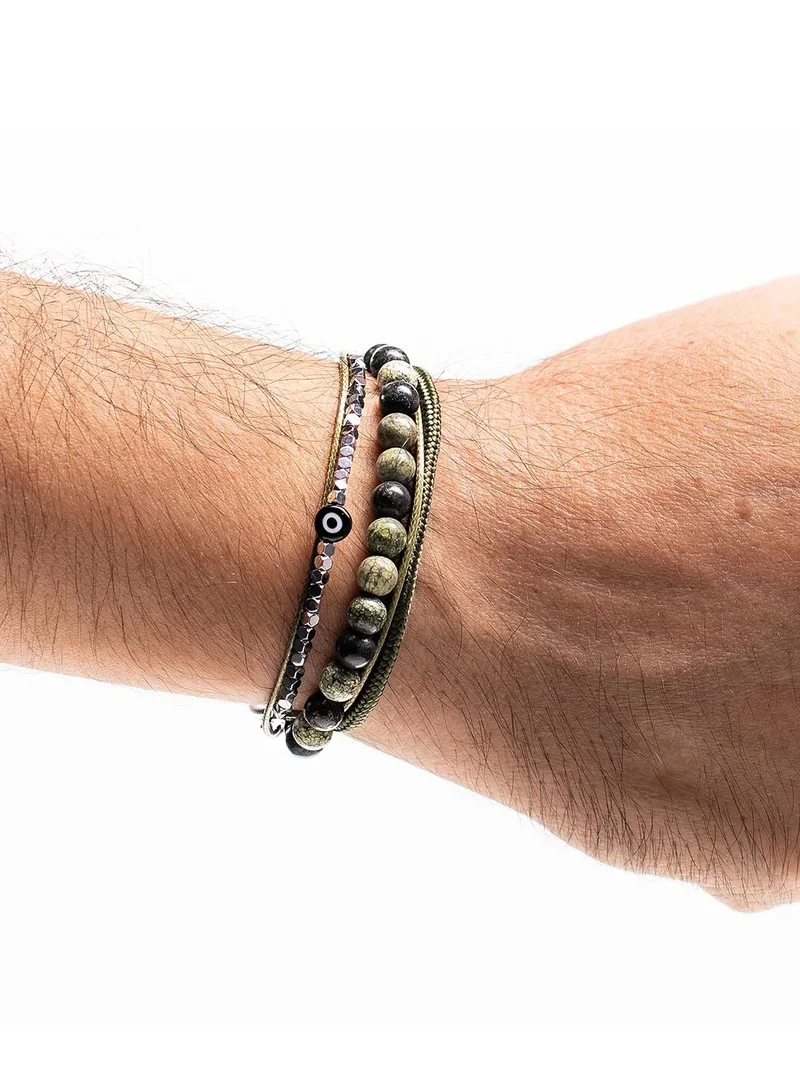 CHRYSOSTOMOS Handmade Multiline Adjustable Bracelet for Men with Multi-Line Design and Green Agate and Green Straps