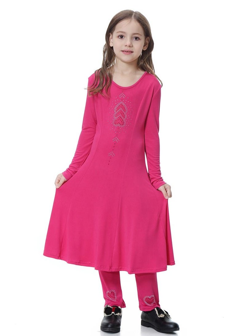 إسكدنيا Girl's Traditional Solid Color 2-Piece Long Sleeve Dress With Pants Rose Pink  - Image 1