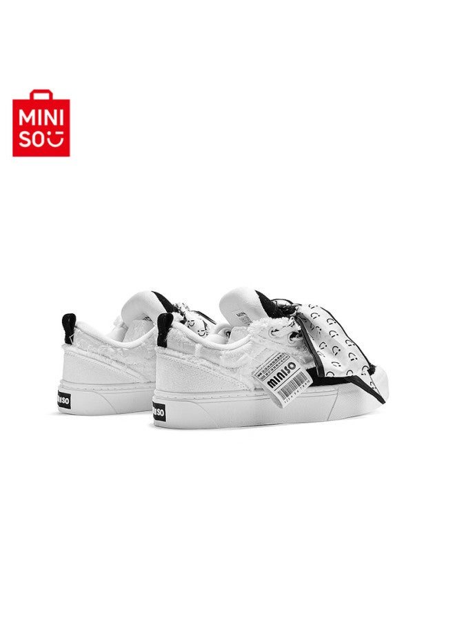 Miniso Women's Wine Red Tassel Canvas Shoes New Casual National Trend Sports Sneakers Men's Black And White Size 40 - Image 4