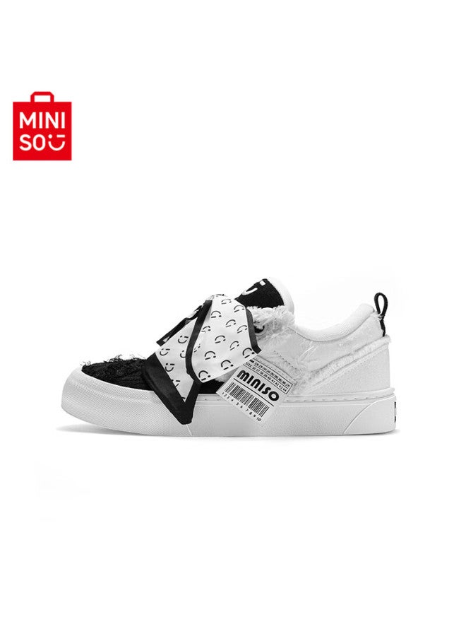 Miniso Women's Wine Red Tassel Canvas Shoes New Casual National Trend Sports Sneakers Men's Black And White Size 40 - Image 1