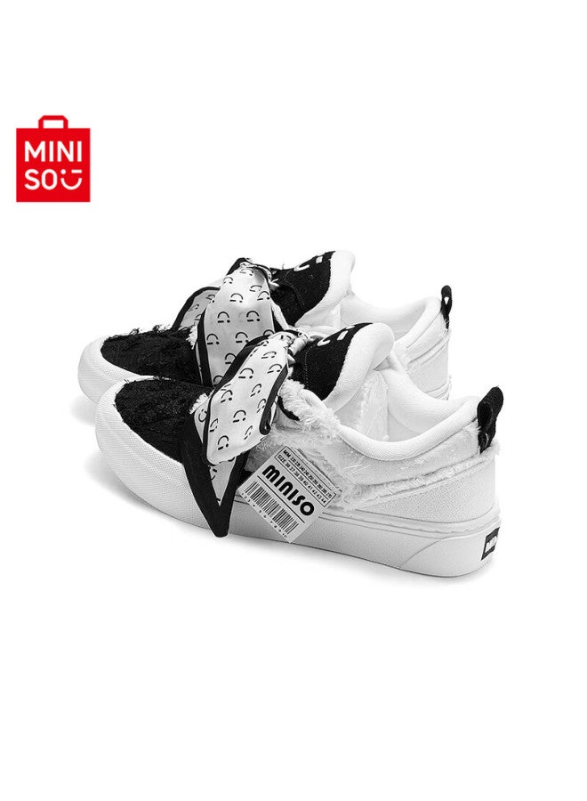 Miniso Women's Wine Red Tassel Canvas Shoes New Casual National Trend Sports Sneakers Men's Black And White Size 40 - Image 2