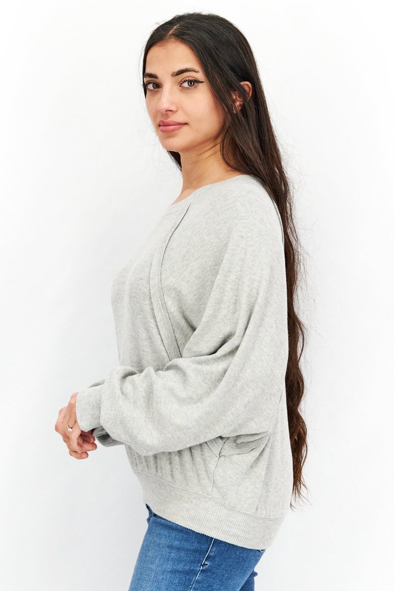 Vintage Havana Women Crew Neck Long Sleeve Ribbed Top, Grey - Image 4