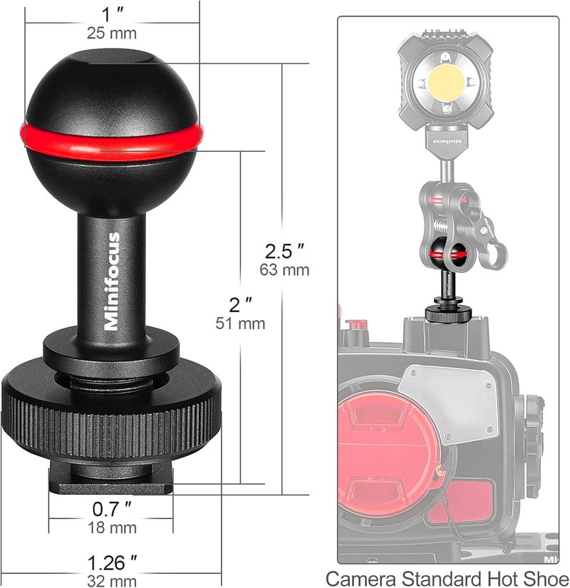 MINIFOCUS 1" Ball Head Cold Shoe Base Adapter, Universal Ball Joint Bracket with Cold Shoe Base Adapter for Diving Light Underwater Camera Waterproof Housings Case Video/Flash/Strobe Hot Shoes - Image 2