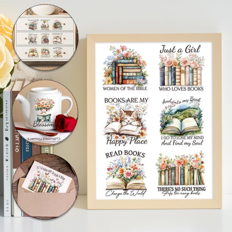 Rngmsi Vintage UV DTF Cup Wrap - 20 Sheets Reading Books UVDTF Decals for 16 oz Glass Cups, Flower Waterproof Bookish Rub on Transfer Stickers for Water Botters, DIY Crafts Book Lover Gift - Image 4