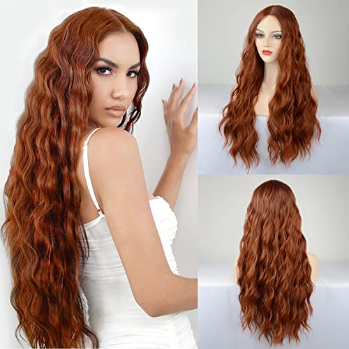 WECAN Auburn Wig For Women Long Wavy Copper Red Wig Curly Synthetic Lace Wig Water Wave Ginger Wig Deep Wave Halloween Cosplay Daily Party Hair Replacement Wig (#350(673) - Image 1