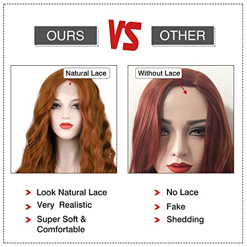 WECAN Auburn Wig For Women Long Wavy Copper Red Wig Curly Synthetic Lace Wig Water Wave Ginger Wig Deep Wave Halloween Cosplay Daily Party Hair Replacement Wig (#350(673) - Image 4