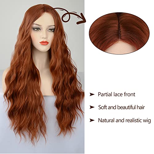 WECAN Auburn Wig For Women Long Wavy Copper Red Wig Curly Synthetic Lace Wig Water Wave Ginger Wig Deep Wave Halloween Cosplay Daily Party Hair Replacement Wig (#350(673) - Image 3